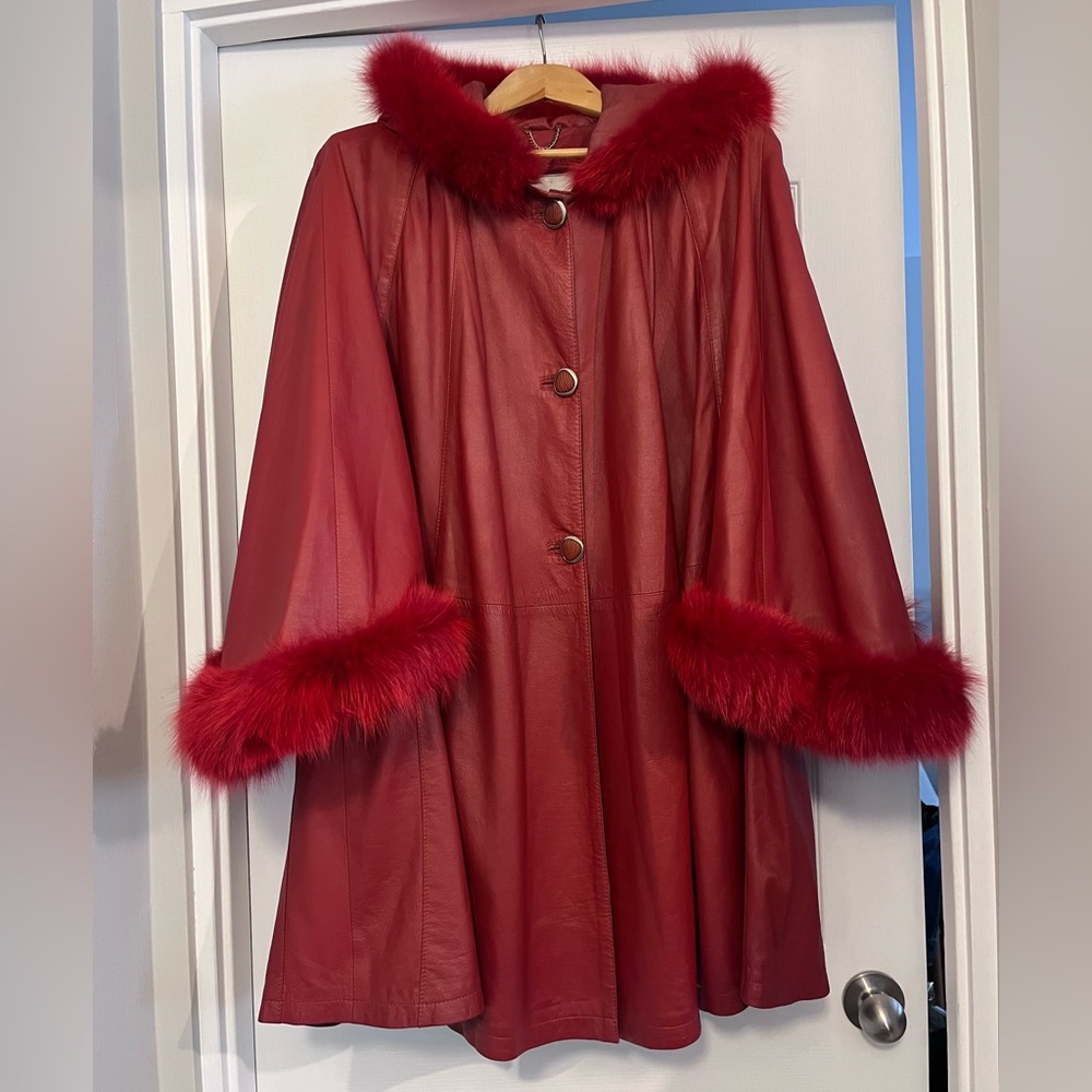leather cape coat with fox fur trim